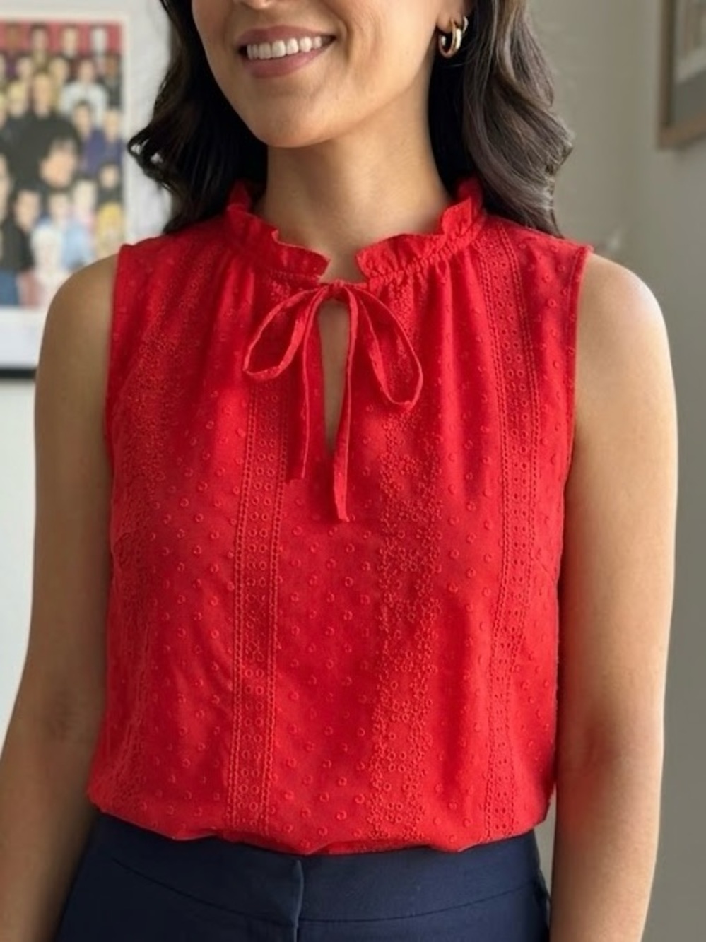 CeCe Red Swiss Dot Eyelet Sleeveless Ruffle Tie-Neck Lined Blouse Top M NWOT